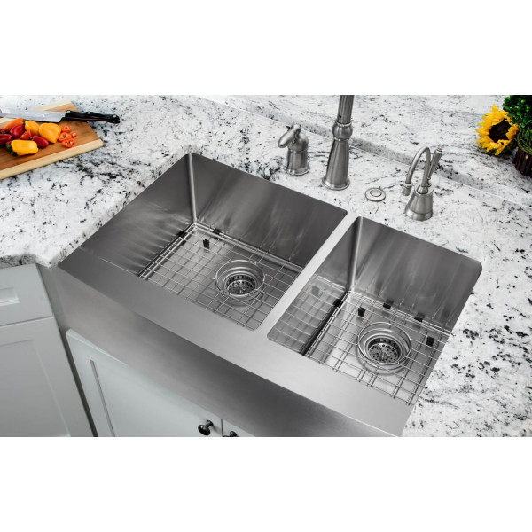 Cahaba CA231235 16 Gauge Apron Front Double Bowl Kitchen Sink With Grid Set