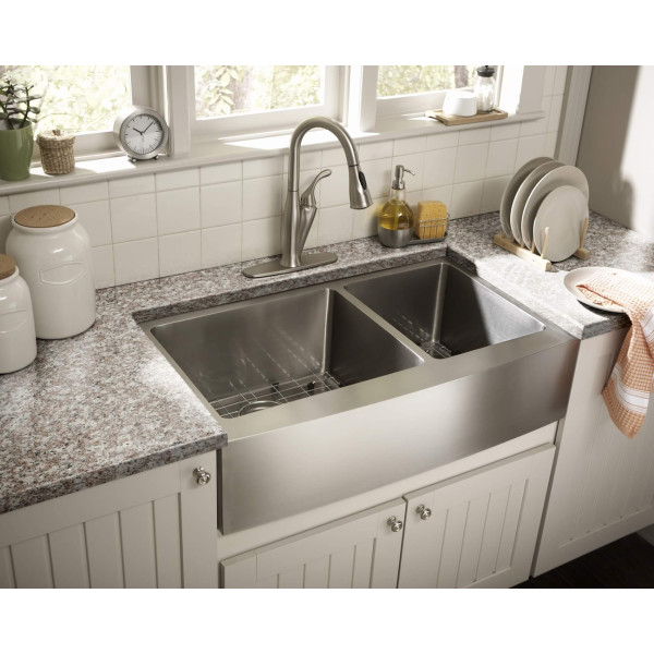 Cahaba CA231235 16 Gauge Apron Front Double Bowl Kitchen Sink With Grid Set