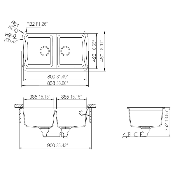 Cahaba CA324133 Quartz 50/50 2 Bowl Kitchen Sink With Twist & Lock Strainer