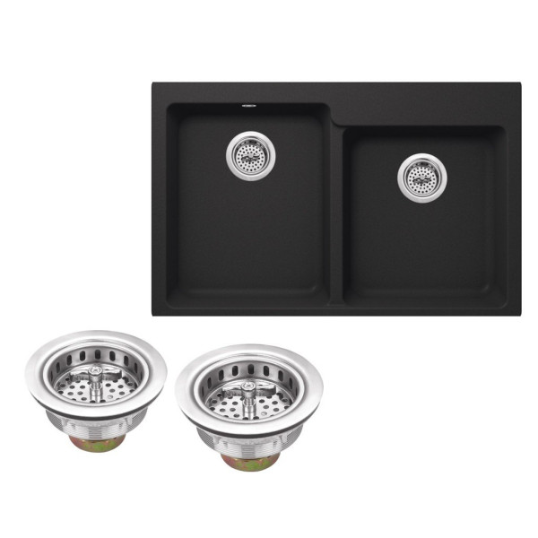 Cahaba CA3241L33 Quartz Offset 2 Bowl Kitchen Sink w/ Twist & Lock Strainer