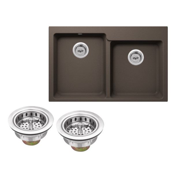 Cahaba CA3241L33 Quartz Offset 2 Bowl Kitchen Sink w/ Twist & Lock Strainer