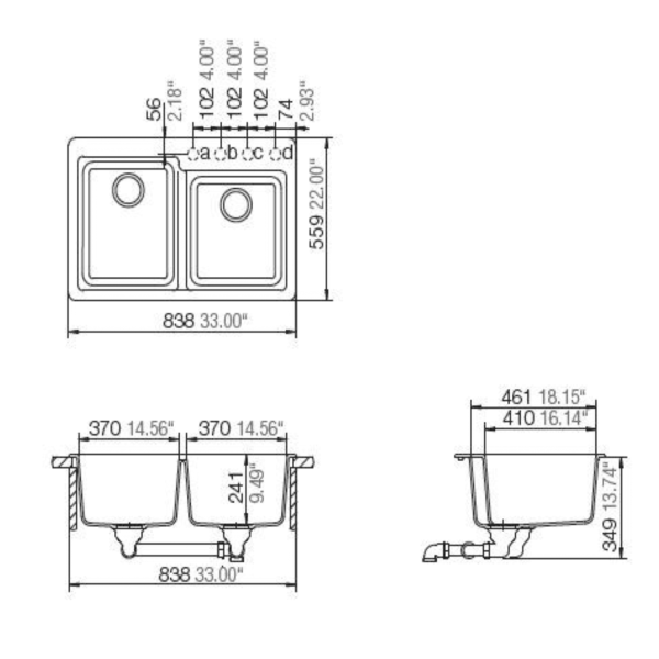 Cahaba CA3241L33 Quartz Offset 2 Bowl Kitchen Sink w/ Twist & Lock Strainer