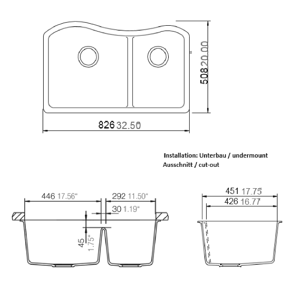 Cahaba CA324233 Quartz Double Bowl Kitchen Sink With Twist & Lock Strainer