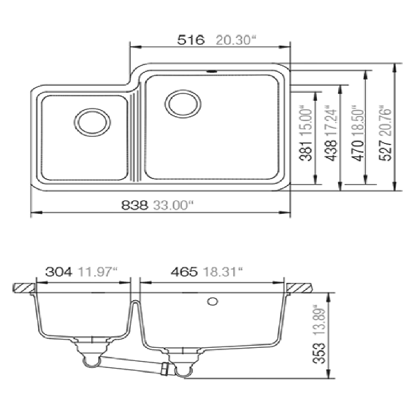 Cahaba CA324333 Quartz Double Kitchen Sink With Twist and Lock Strainer