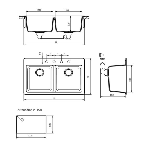 Cahaba CA344133 50/50 Double Bowl Kitchen Sink With Twist and Lock Strainer