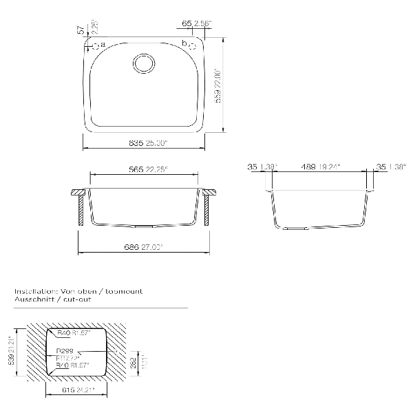Cahaba CA344D25 Quartz Single Bowl Kitchen Sink With Twist & Lock Strainer
