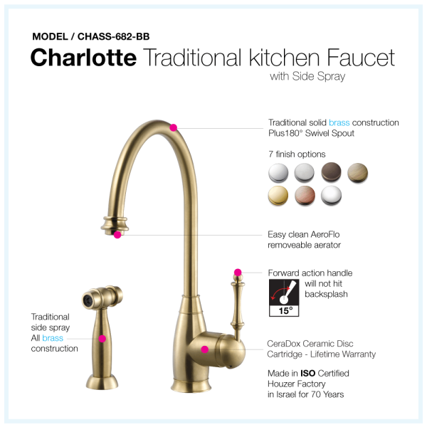 Houzer CHASS-682 Charlotte Solid Brass One Handle Kitchen Faucet with Sidespray