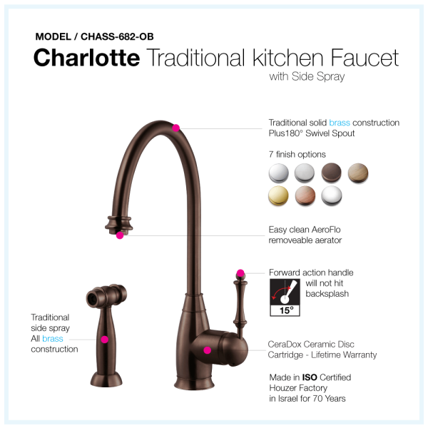 Houzer CHASS-682 Charlotte Solid Brass One Handle Kitchen Faucet with Sidespray