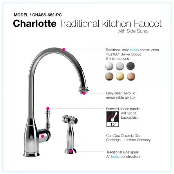 Houzer CHASS-682 Charlotte Solid Brass One Handle Kitchen Faucet with Sidespray