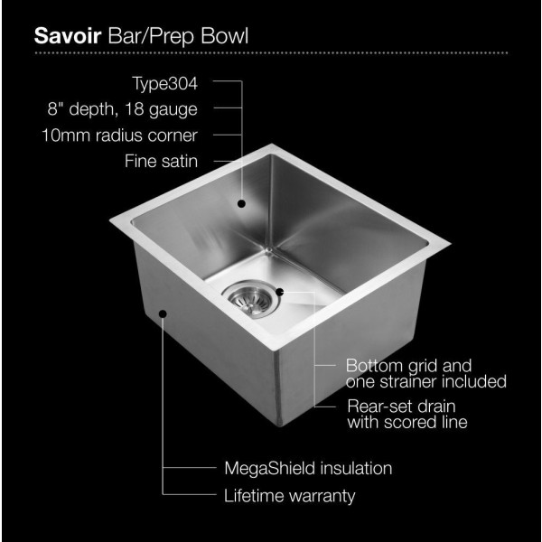 Houzer CNR-1700 Savoir Series 10mm Radius Undermount Bar/Prep Bowl Kitchen Sink