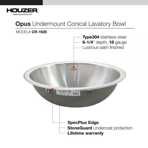 Houzer CRO-1620-1 Opus Conical Undermount Stainless Steel Lavatory Sink Overflow