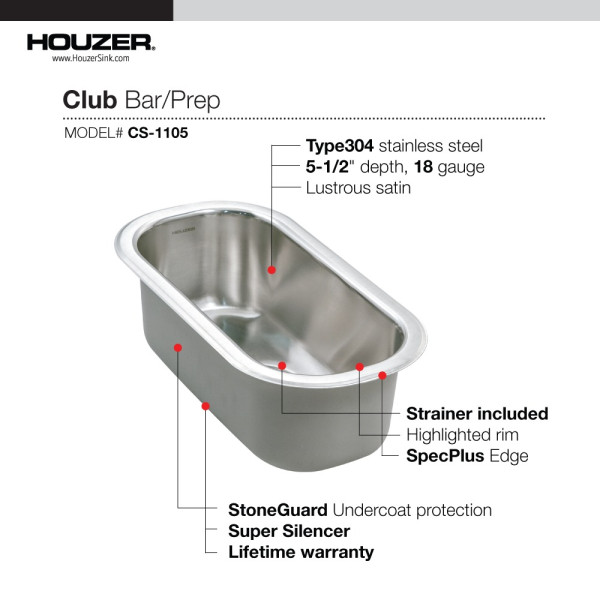 Houzer CS-1105-1 Club Series 18" Stainless Steel Undermount Bar/Prep Sink