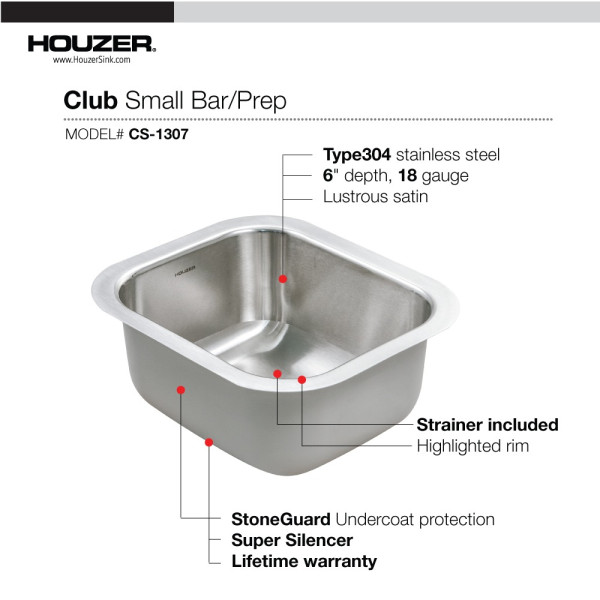 Houzer CS-1307-C Club Series 13" Stainless Steel Undermount Bar/Prep Sink