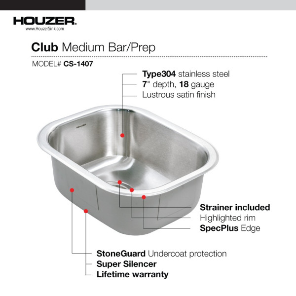 Houzer CS-1407-C Club Series 14" Stainless Steel Undermount Bar/Prep Sink