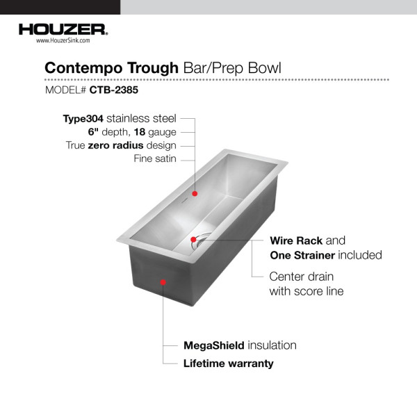 Houzer CTB-2385 Contempo Trough Series Undermount Stainless Steel Bar/Prep Sink