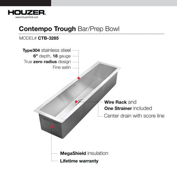 Houzer CTB-3285 Contempo Trough Series Undermount Stainless Steel Bar/Prep Sink
