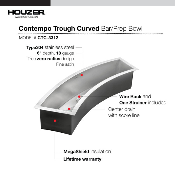 Houzer CTC-3312 Trough Series Undermount Stainless Curved Bowl Bar/Prep Sink
