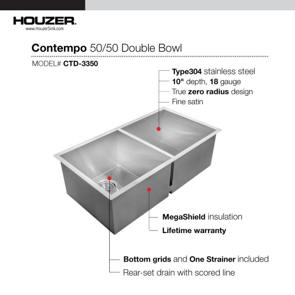 Houzer CTD-3350 Contempo Series Undermount Stainless  50/50 Double Kitchen Sink
