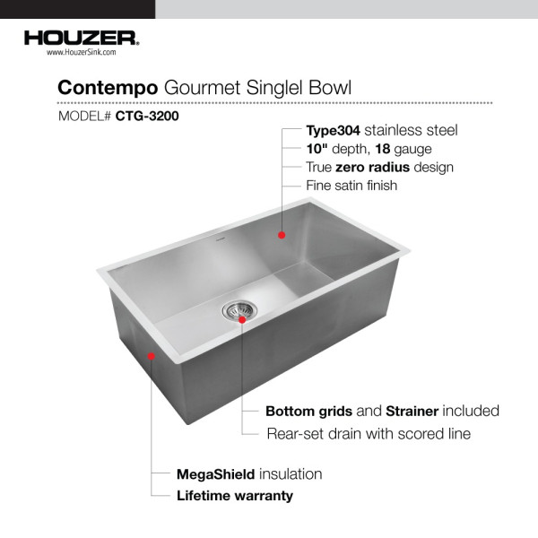 Houzer CTG-3200 Contempo Gourmet Undermount Large Single Bowl Kitchen Sink