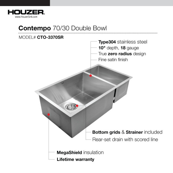 Houzer CTO-3370SR Series Undermount Stainless Kitchen Sink + Right Prep Bowl