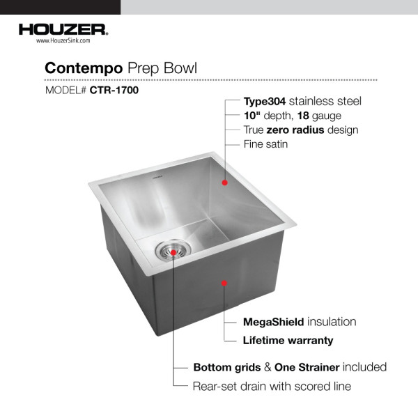 Houzer CTR-1700 Contempo Series Undermount Stainless Steel Bowl Bar/Prep Sink