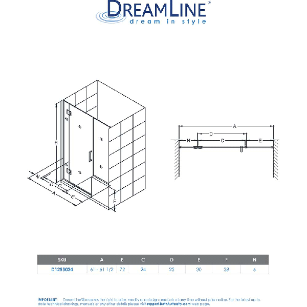 DreamLine D1253034 Unidoor-X 61 - 61 1/2 in. W x 72 in. H Hinged Shower Door