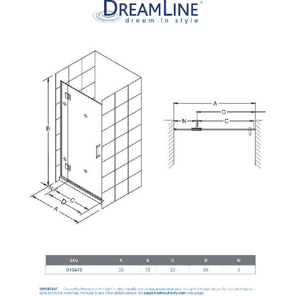 DreamLine D12672 Unidoor-X 32 in. W x 72 in. H Hinged Shower Door
