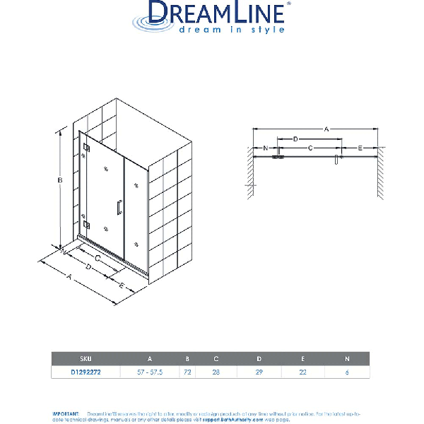 DreamLine D1292272 Unidoor-X 57 - 57 1/2 in. W x 72 in. H Hinged Shower Door