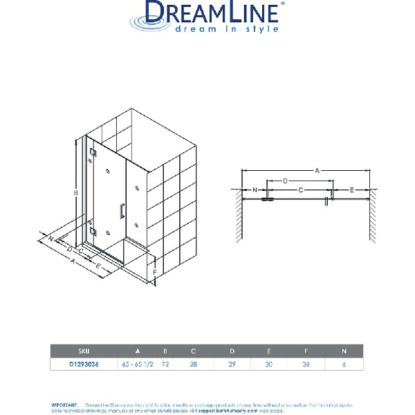 DreamLine D1293036 Unidoor-X 65 - 65 1/2 in. W x 72 in. H Hinged Shower Door