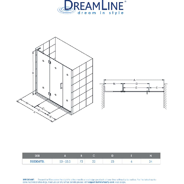 DreamLine D3230672L Unidoor-X 53 - 53 1/2 in. W x 72 in. H Hinged Shower Door