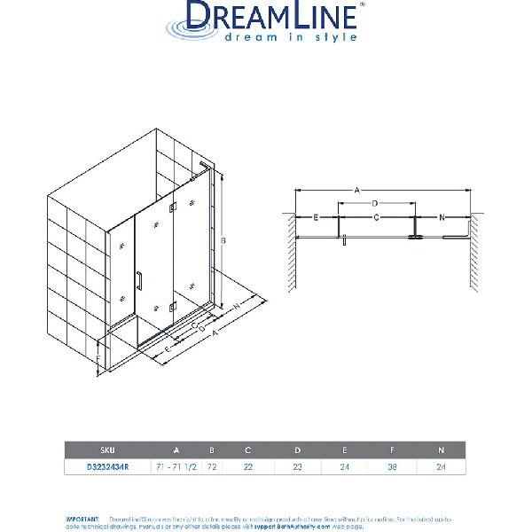 DreamLine D3232434R Unidoor-X 71 - 71 1/2" Hinged Shower Door Right-wall Bracket