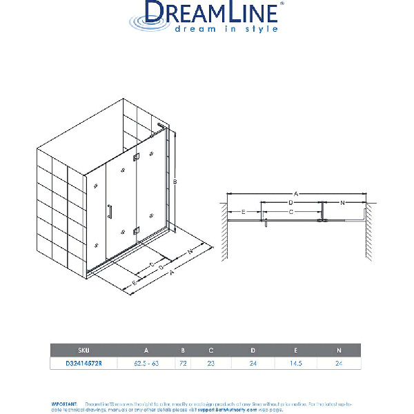 DreamLine D32414572R Unidoor-X 62 1/2 -63" Hinged Shower Door Right-wall Bracket