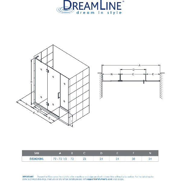 DreamLine D3242434L Unidoor-X Hinged Shower Door With Left-wall Bracket