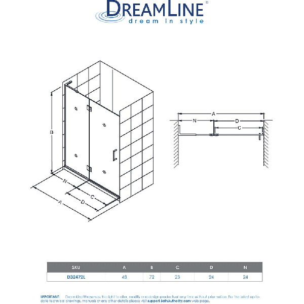DreamLine D32472L Unidoor-X 48 in. H x ged Shower Door Left-wall Bracket