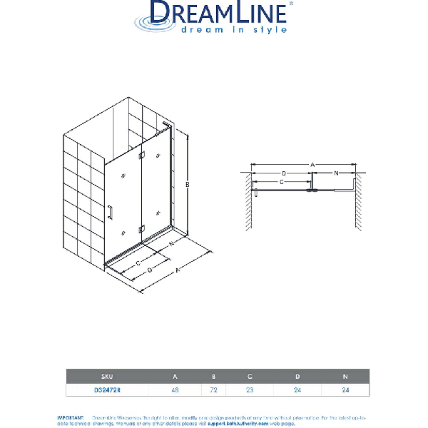 DreamLine D32472R Unidoor-X 48 in. H Hinged Shower Door Right-wall Bracket
