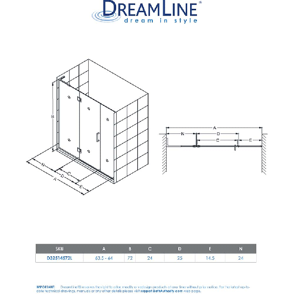 DreamLine D32514572L Unidoor-X 63 1/2 - 64 in. W Shower Door Left-wall Bracket