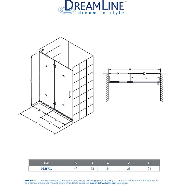 DreamLine D32572L Unidoor-X 49 in. W Hinged Shower Door Left-wall Bracket
