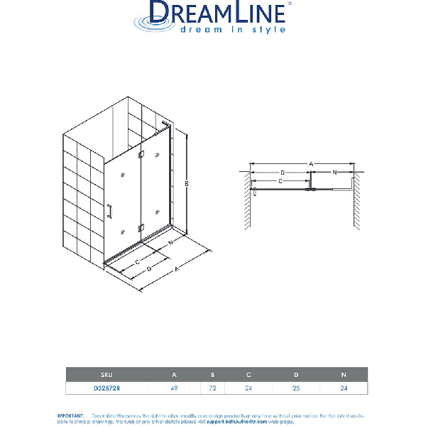 DreamLine D32572R Unidoor-X 49 in. W Hinged Shower Door Right-wall Bracket