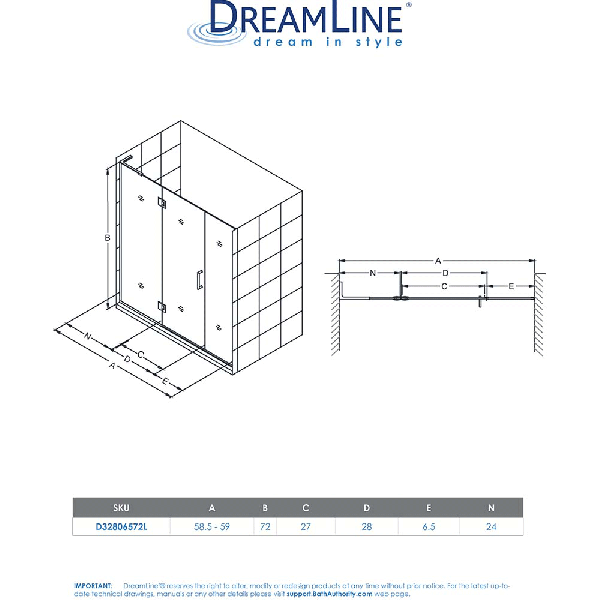 DreamLine D32806572L Unidoor-X 58 1/2 - 59" Hinged Shower Door Left-wall Bracket