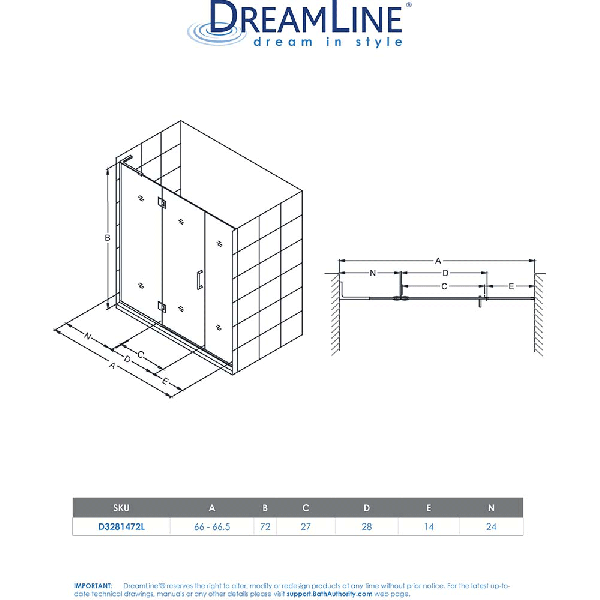 DreamLine D3281472L Unidoor-X Hinged Shower Door With Left-wall Bracket