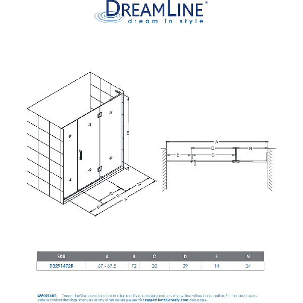 DreamLine D3291472R Unidoor-X Hinged Shower Door With Right-wall Bracket