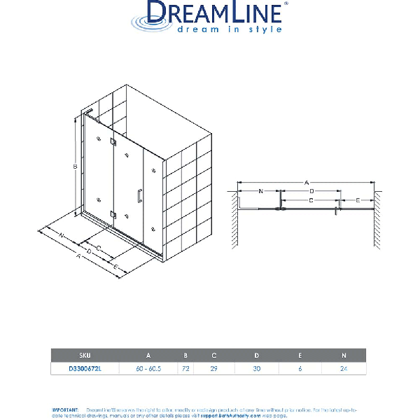 DreamLine D3300672L Unidoor-X Hinged Shower Door With Left-wall Bracket
