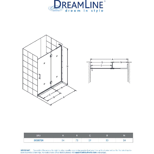 DreamLine D33072R Unidoor-X 54 in. W Hinged Shower Door With Right-wall Bracket