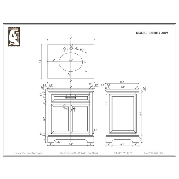 Water Creation Derby 30W 30" Solid White Single Sink Bathroom Vanity