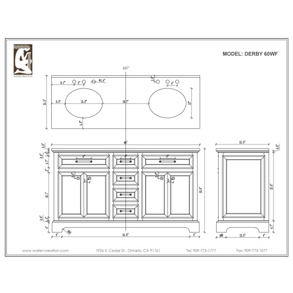 Water Creation Derby 60WF 60" Solid White Double Sink Bath Vanity & Faucet