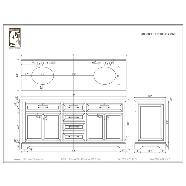 Water Creation Derby 72WF 72" Solid White Double Sink Vanity And Faucet