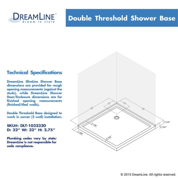 DreamLine DLT-103232 SlimLine 32 Inch by 32 Inch Double Threshold Shower Base
