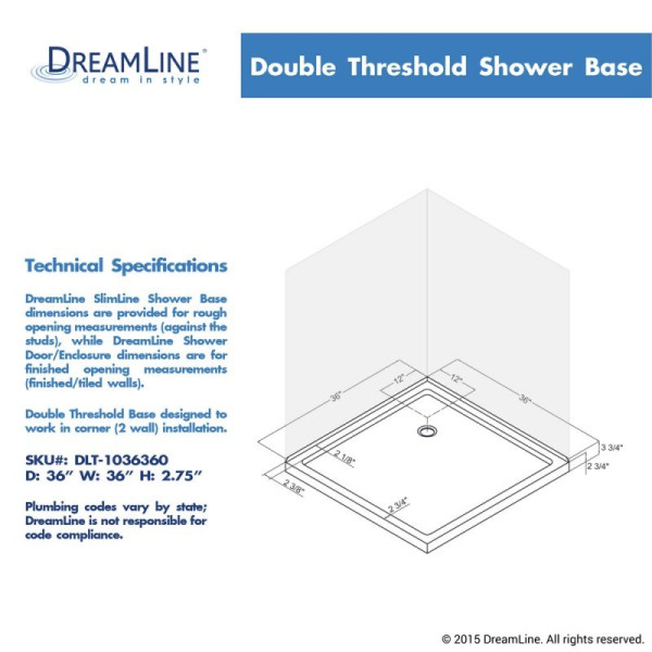 DreamLine DLT-103636 White SlimLine 36" by 36" Double Threshold Shower Base