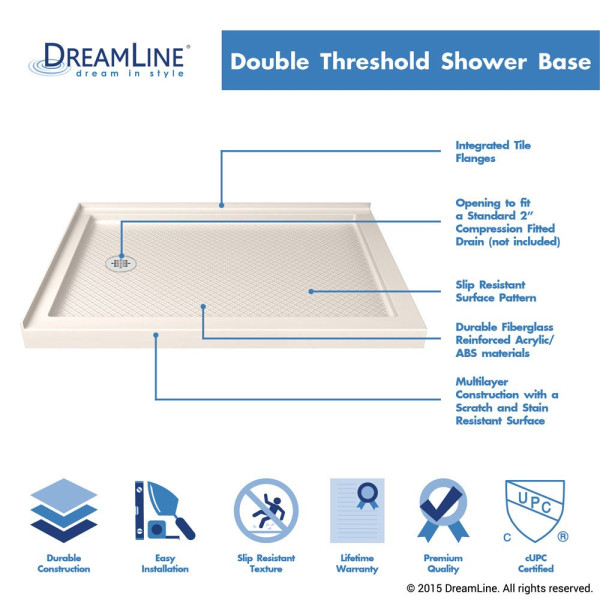 DreamLine DLT-103648-22 SlimLine 36"x48" Double Threshold Shower Base In Biscuit