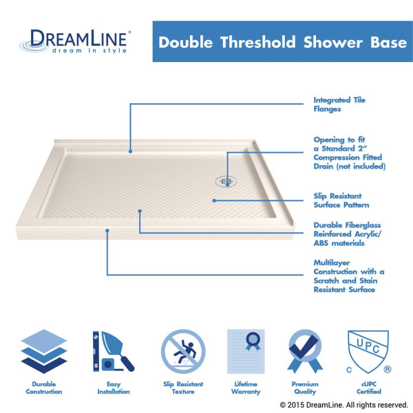 DreamLine DLT-103648-22 SlimLine 36"x48" Double Threshold Shower Base In Biscuit